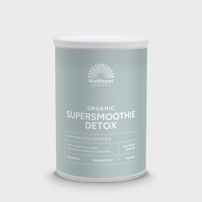 Organic Supersmoothie Detox 500 g, mix van superfoods en vezels voor reiniging. Organic Supersmoothie Detox 500 g, mix van superfoods en vezels voor reiniging.