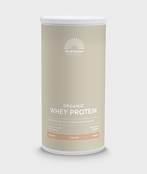 Biologische wei proteïne poeder 75% cacao, rijk aan eiwitten.